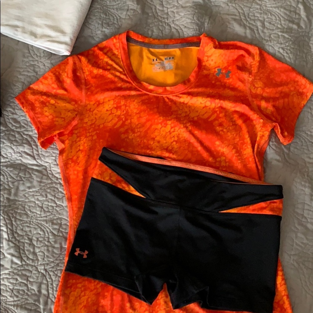 Under Armour Black/Orange Heat Shirt and Shorts- M